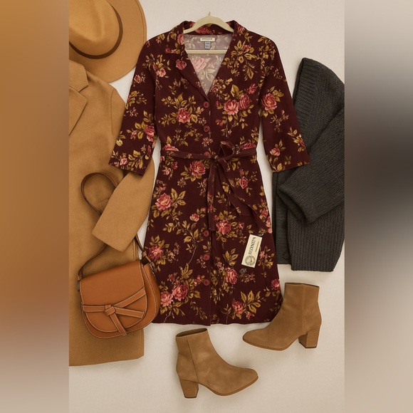 Passport Dresses & Skirts - Passport Burgundy Floral Long Sleeve Dress